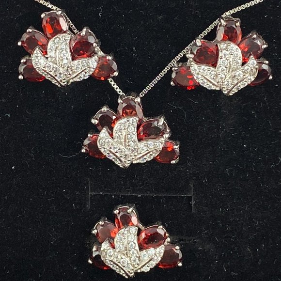 Mozambique Garnet 5x4mm & CZ's Set in 925 Silver Earrings Pendant and Ring
